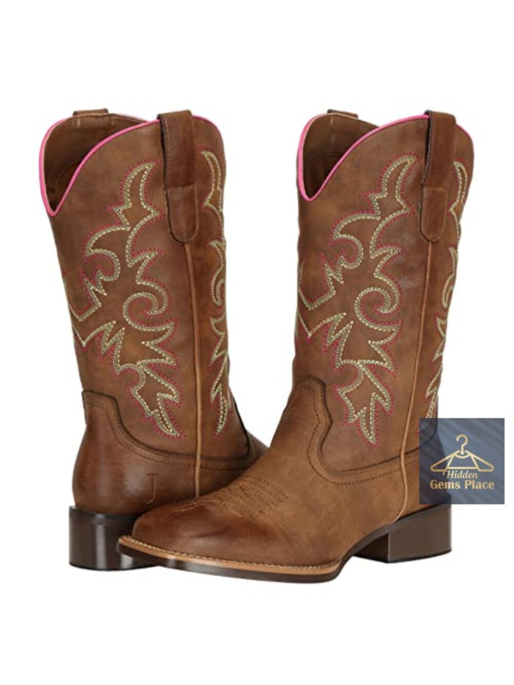 Wide Calf Cowboy Boots Women Square Toe Embroidered Faux Leather Mid-Calf